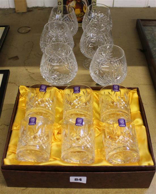 Six Edinburgh crystal whisky tumblers, 6 brandy balloons, boxed and whisky boxes